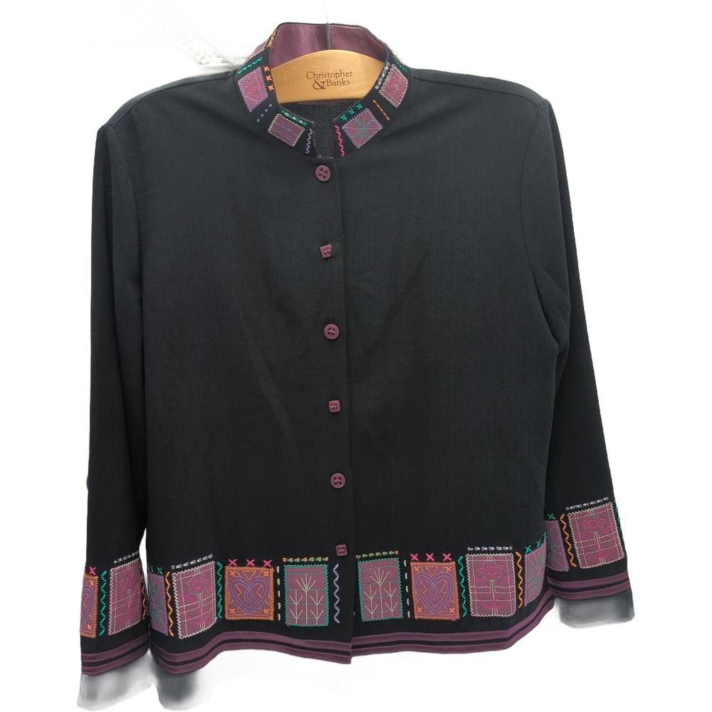 Draper's & Damon's Petites Black Embroidered Button Front Jacket Top PM